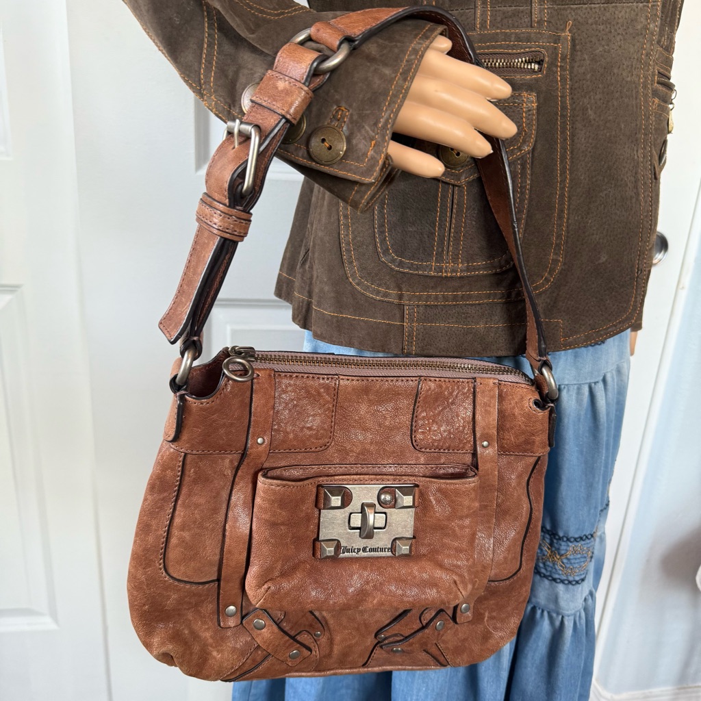 Juicy Couture Distressed Brown Leather Steampunk Shoulder Bag Y2k Silver